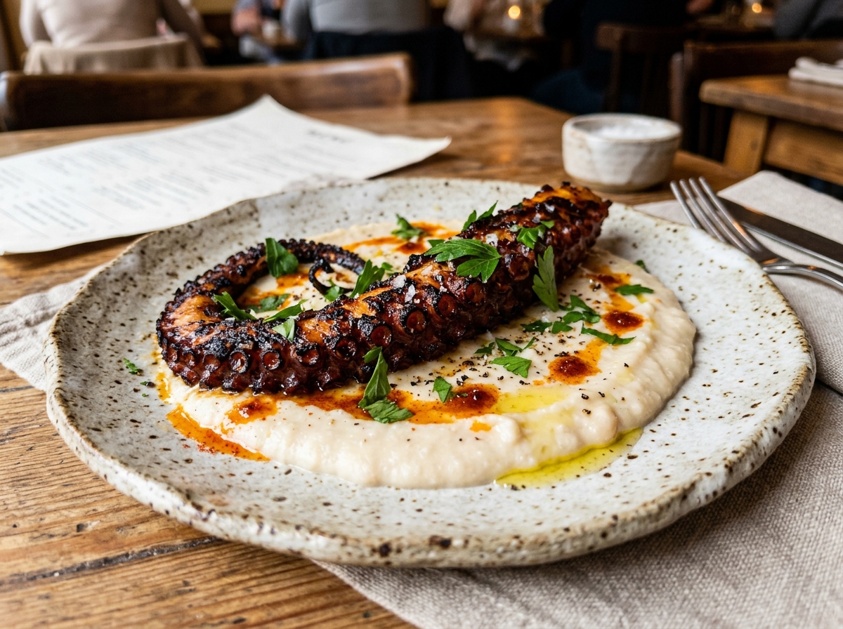 Charred Spanish octopus with white bean puree and charred lemon